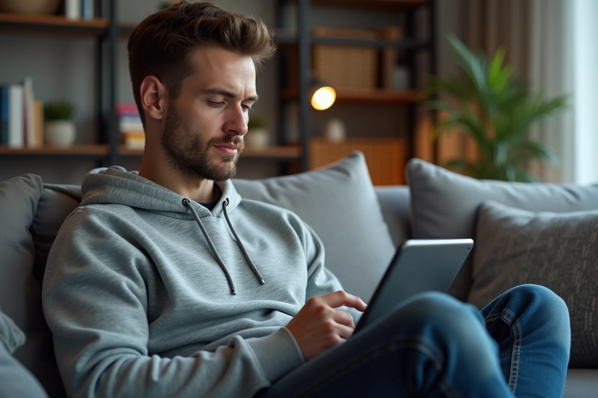 Homme jeune utilisant une application de recherche de mots croisés sur tablette assis dans un salon moderne