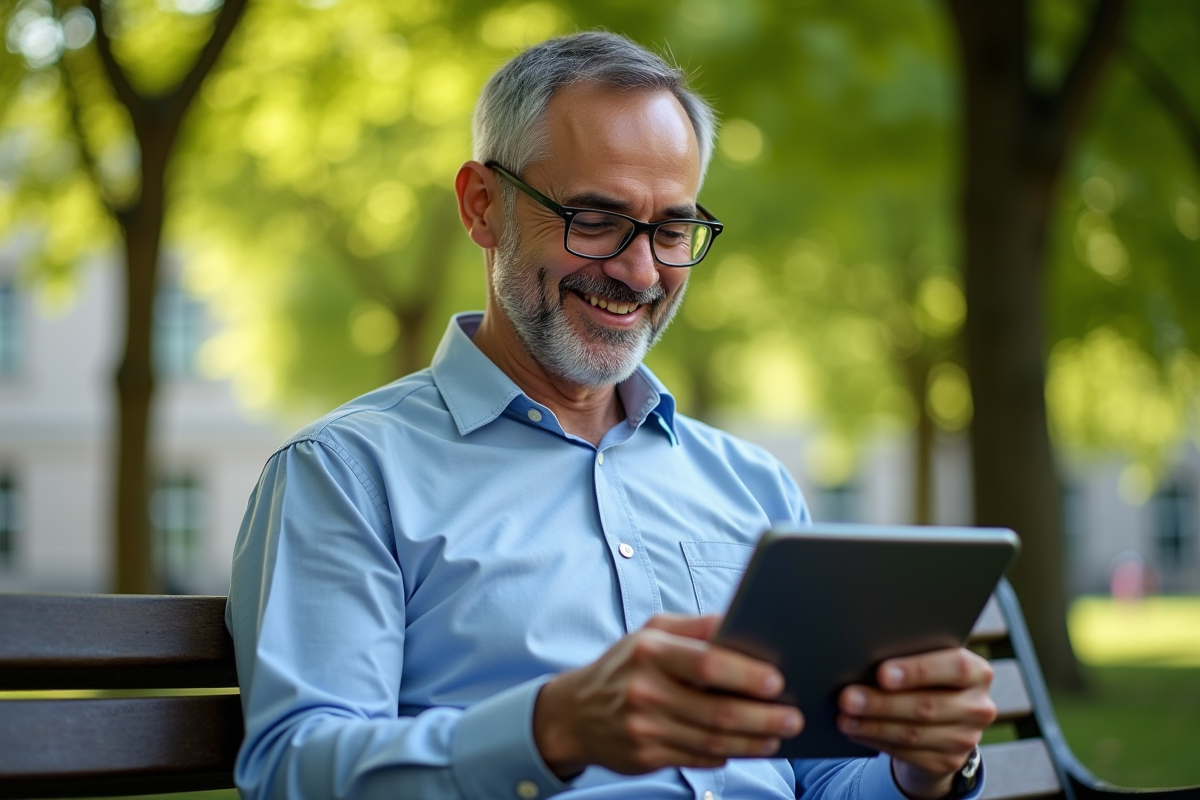 Homme utilisant une tablette pour apprendre une langue en plein air