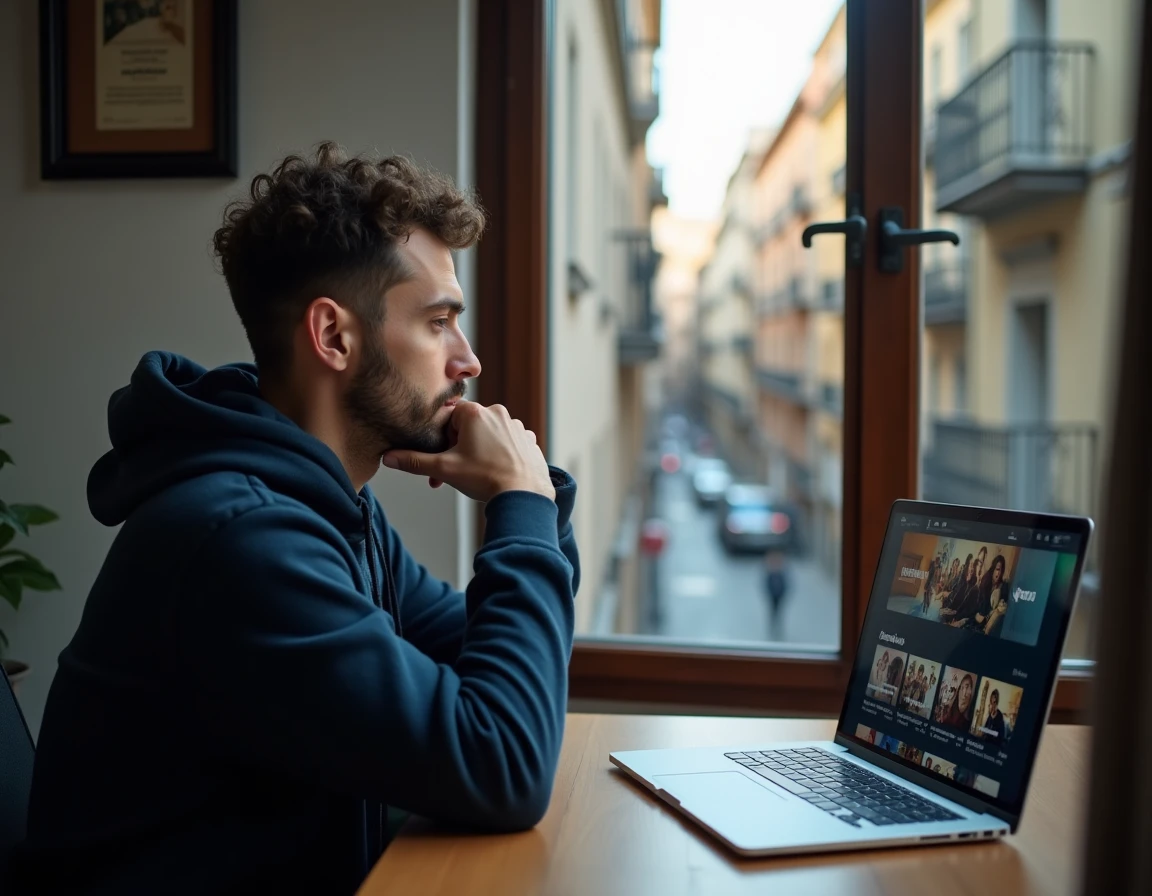 Homme cherchant une série espagnole sur son ordinateur portable dans un appartement avec vue sur Barcelone