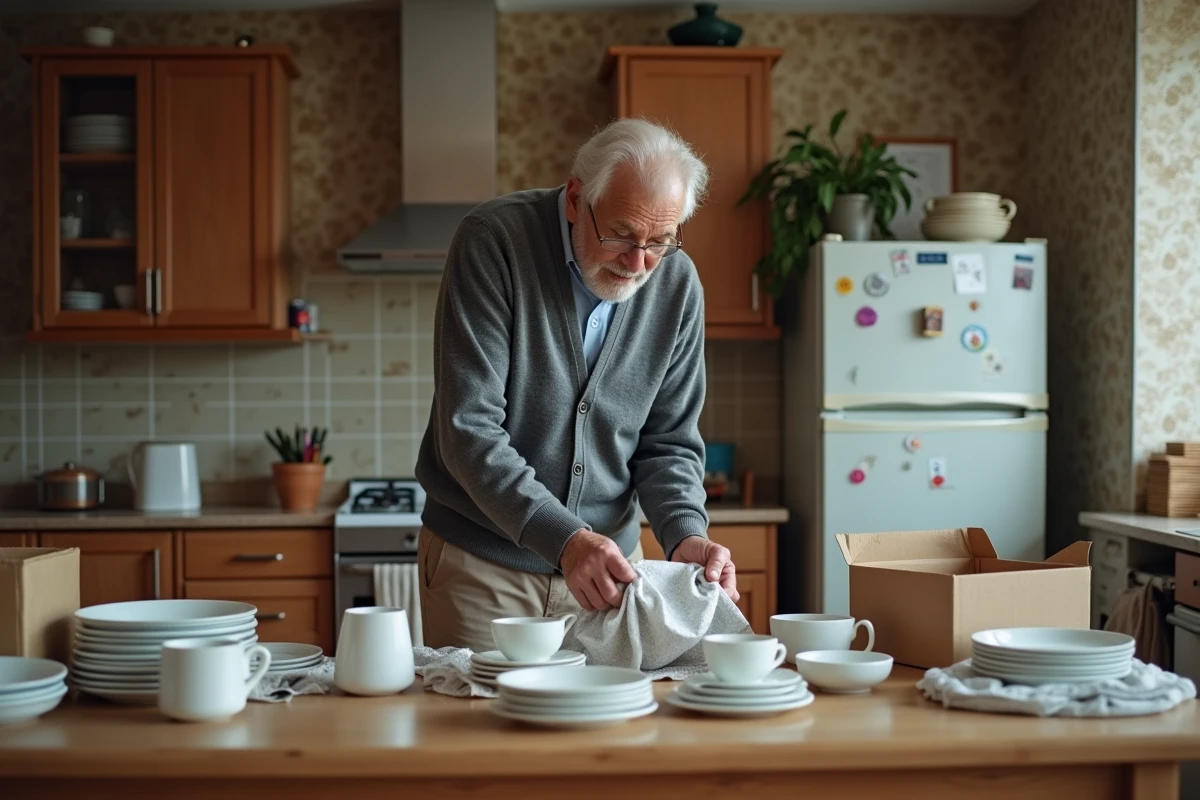 Homme âgé emballant des plats en céramique dans la cuisine