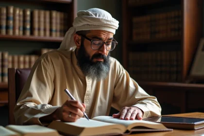 Homme nord-africain en djellaba lisant un livre islamique