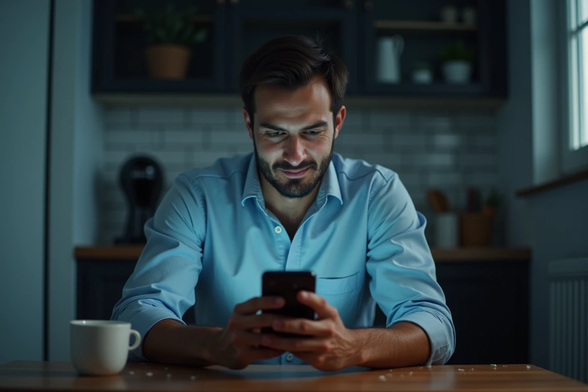 Homme fatigué le soir regardant un message de groupe sur son téléphone pour décider s'il sort ou reste chez lui