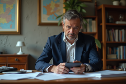 Homme en costume bleu concentré sur ses documents fiscaux