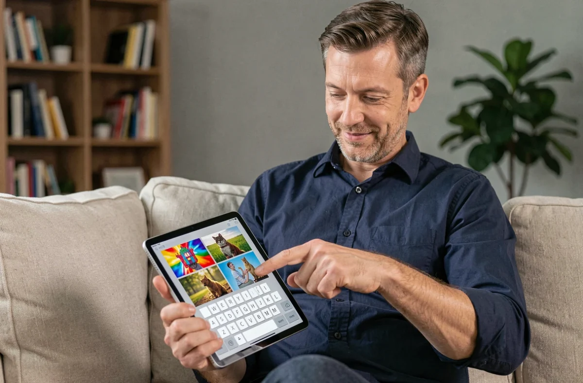 Homme adulte jouant à 4 images 1 mot sur tablette dans un salon contemporain