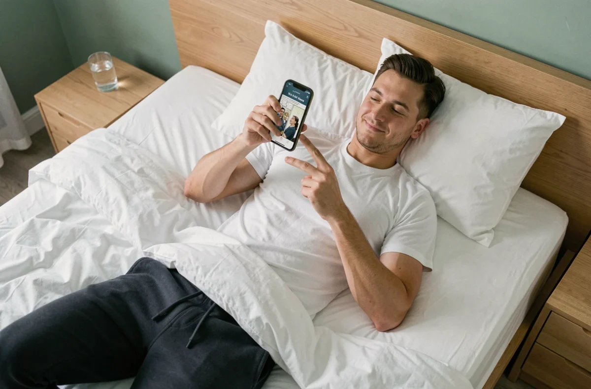 Homme allongé sur un lit lisant des scans sur son téléphone portable, interface d'application de lecture visible