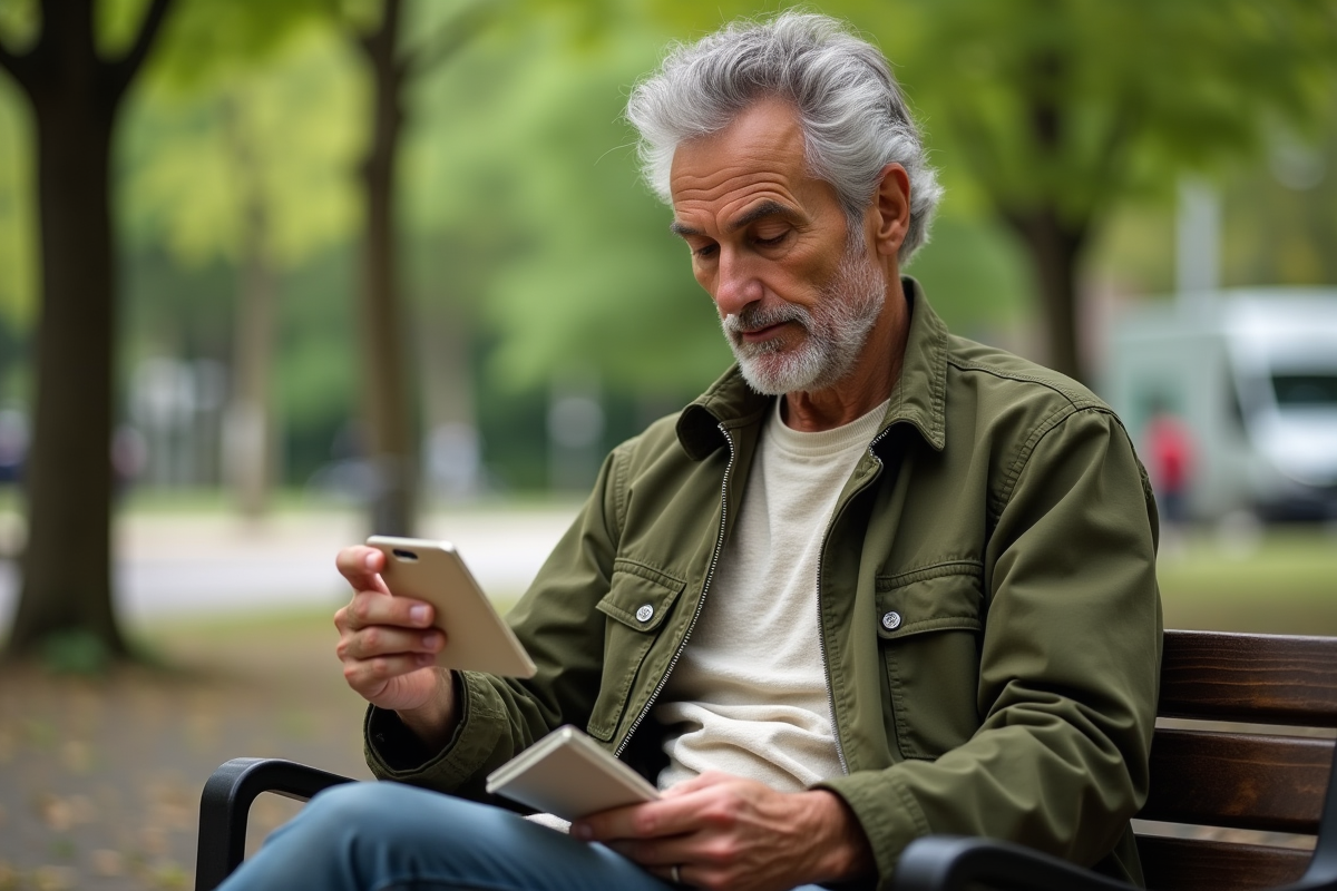 Homme lisant une étiquette sur un vêtement écologique en parc