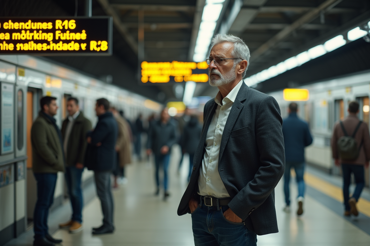 Homme d'âge moyen dans le métro européen regardant des panneaux