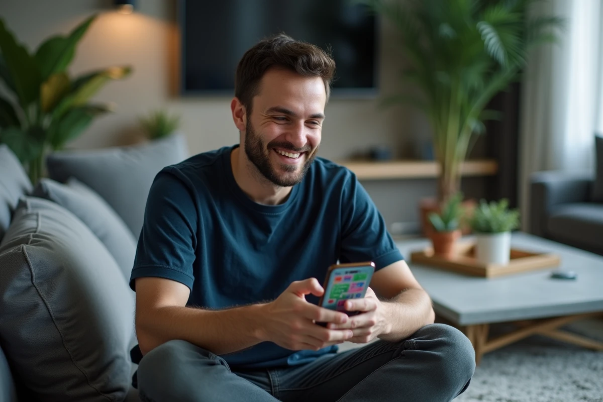 Homme jouant à Monopoly Go et réclamant des dés gratuits via un lien sur son téléphone dans un salon moderne