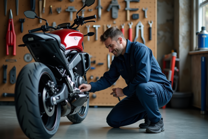 Homme en combinaison mechanic kneeling beside une moto rouge et noire