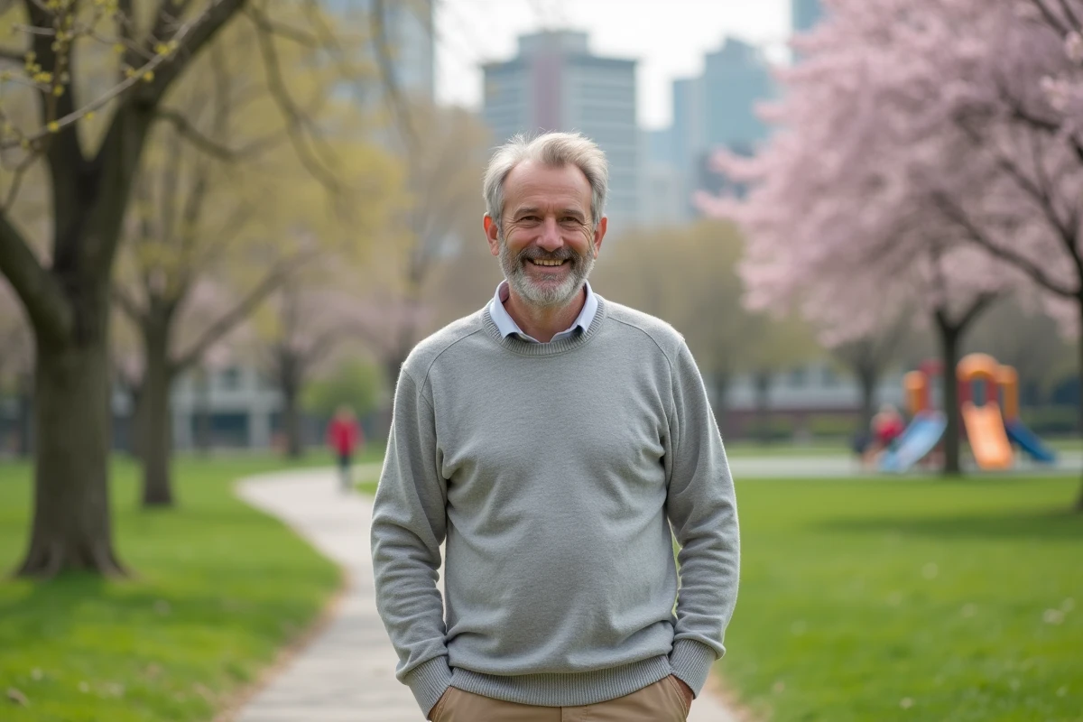 Homme souriant dans un parc en fleurs au printemps