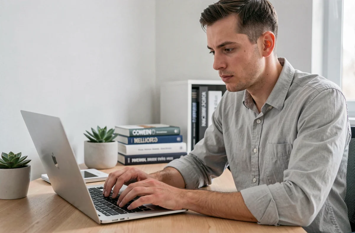 Homme rédigeant une lettre de motivation sur ordinateur portable dans un bureau à domicile