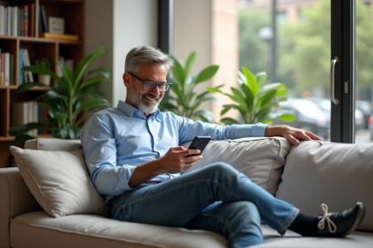 Homme détendu sur un canapé dans un salon cosy