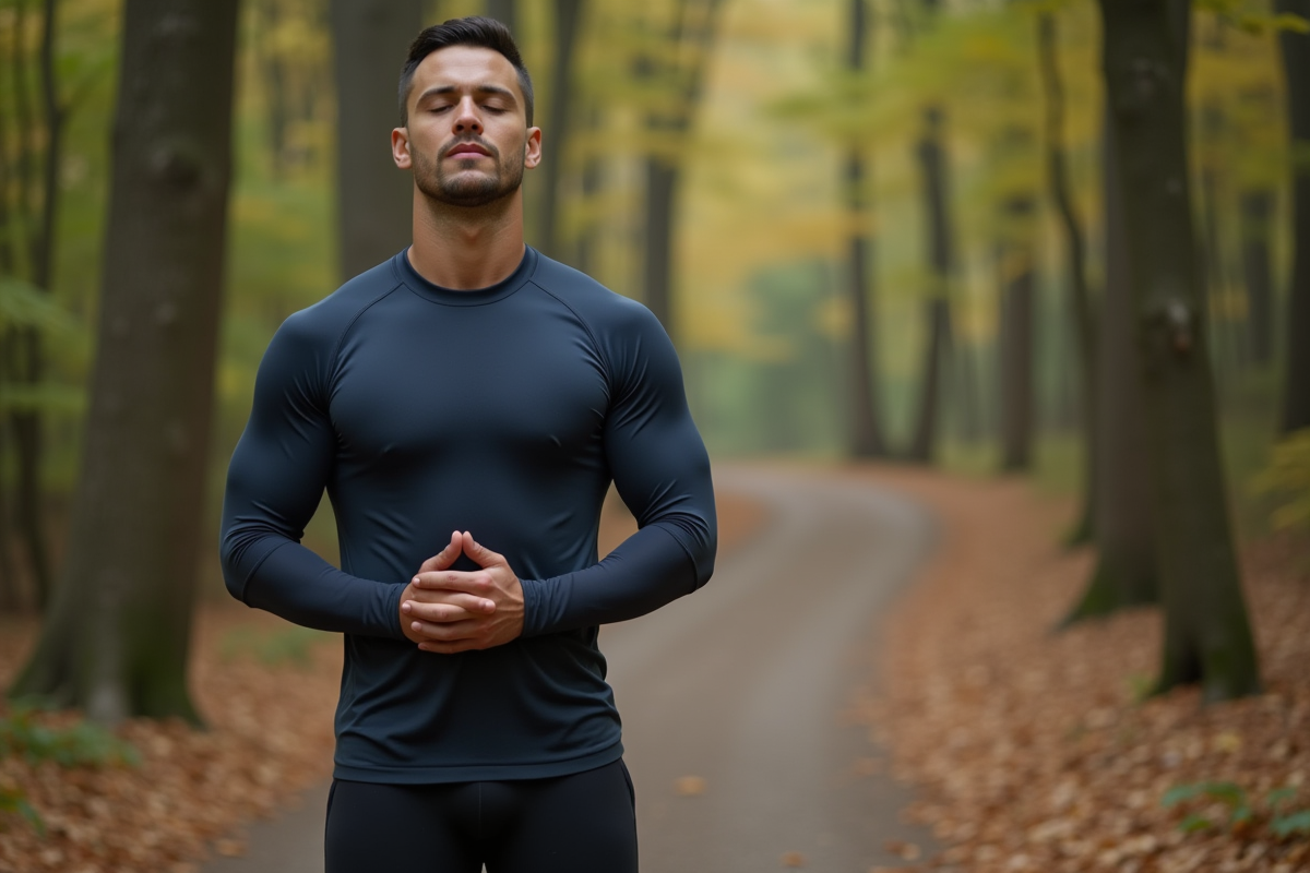 Jeune homme en pleine respiration consciente en forêt