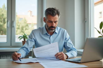 Homme d'âge moyen vérifiant des documents fiscaux espagnols