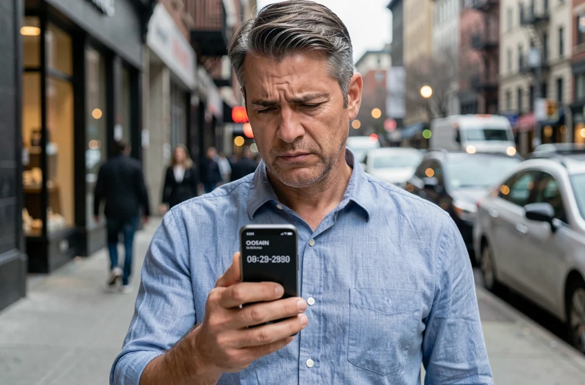 Homme dans la rue scrutant un numéro de téléphone professionnel inconnu affiché sur son smartphone