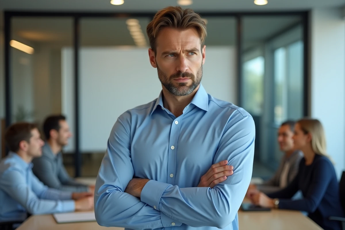 Homme croisant les bras regardant ses collègues