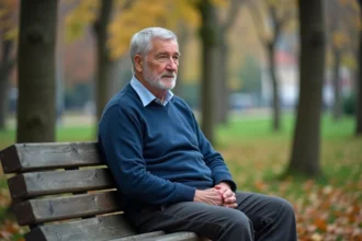 Homme âgé assis sur un banc dans un parc urbain
