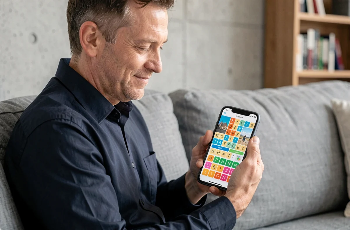 Homme jouant à 4 images 1 mot sur smartphone avec des cases de lettres et un filtre par nombre de lettres manquantes