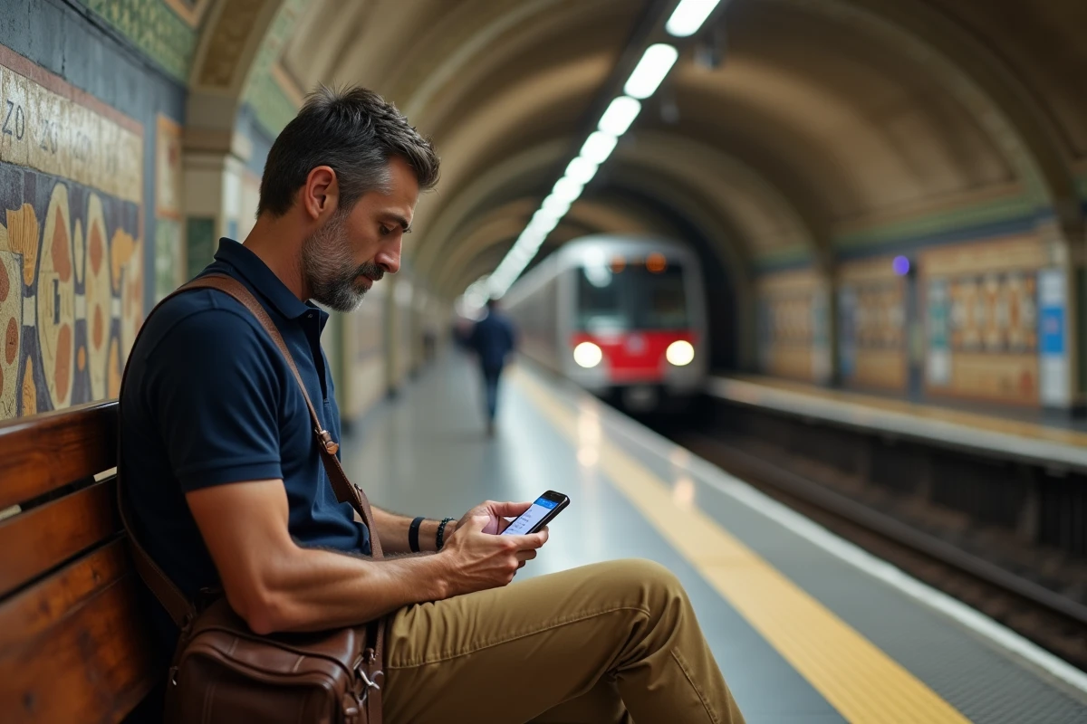 Homme consultant les codes postaux de Barcelone sur son smartphone dans une station de métro
