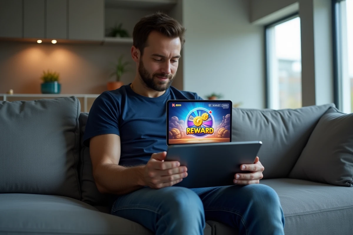 Homme consultant un écran de récompenses sur tablette dans un salon moderne, représentant les liens de tours gratuits Coin Master
