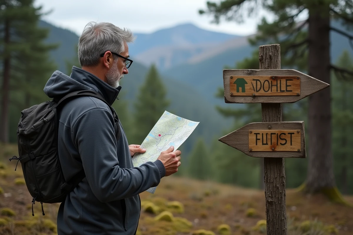 Homme avec carte et panneau dans la forêt de pins