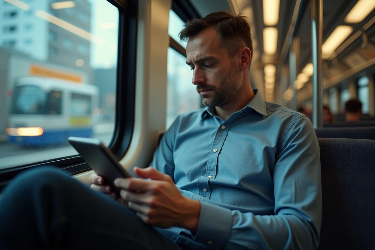 Homme d age moyen lisant sur une tablette dans le train