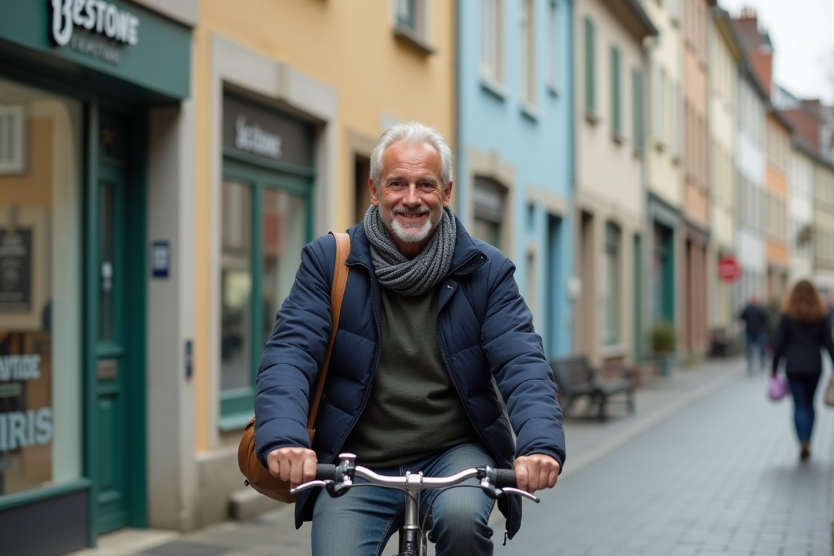 Homme à vélo dans une rue colorée de ville française