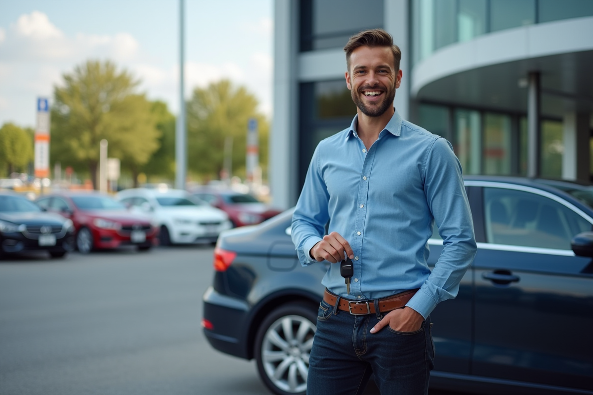 Homme souriant avec clés de voiture devant une berline neuve