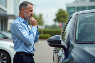Homme d'affaires inspectant une voiture moderne en extérieur