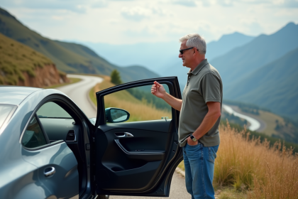 Homme regardant l'odomètre d'une voiture hybride en montagne
