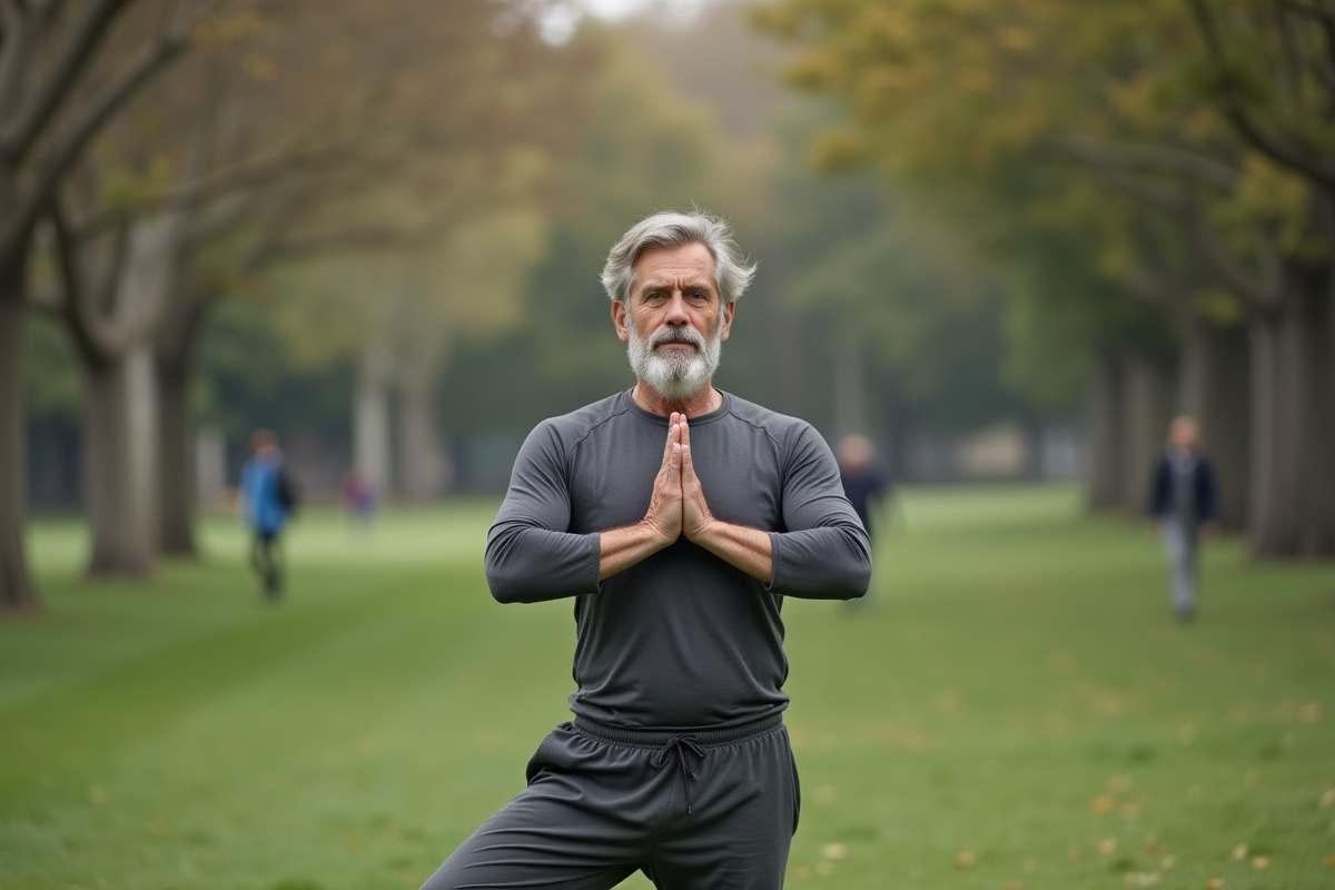 Homme en posture de yoga dans un parc paisible