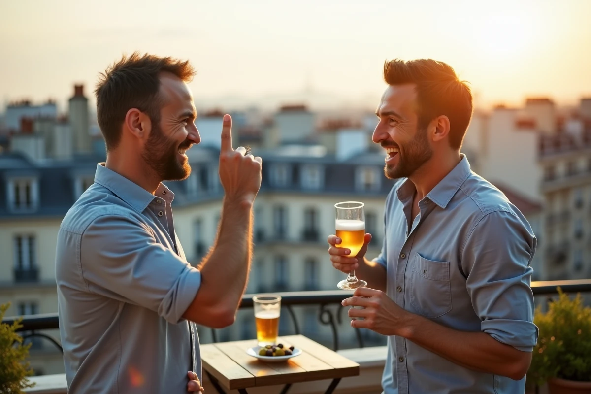Deux hommes qui s'amusent avec des devinettes drôles lors d'un apéritif sur un balcon parisien