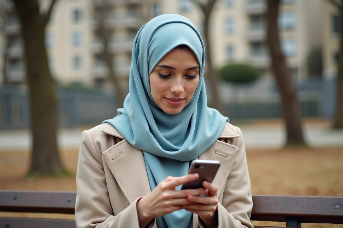 Femme musulmane consultant les horaires de salat sur son téléphone dans un parc de Toulon