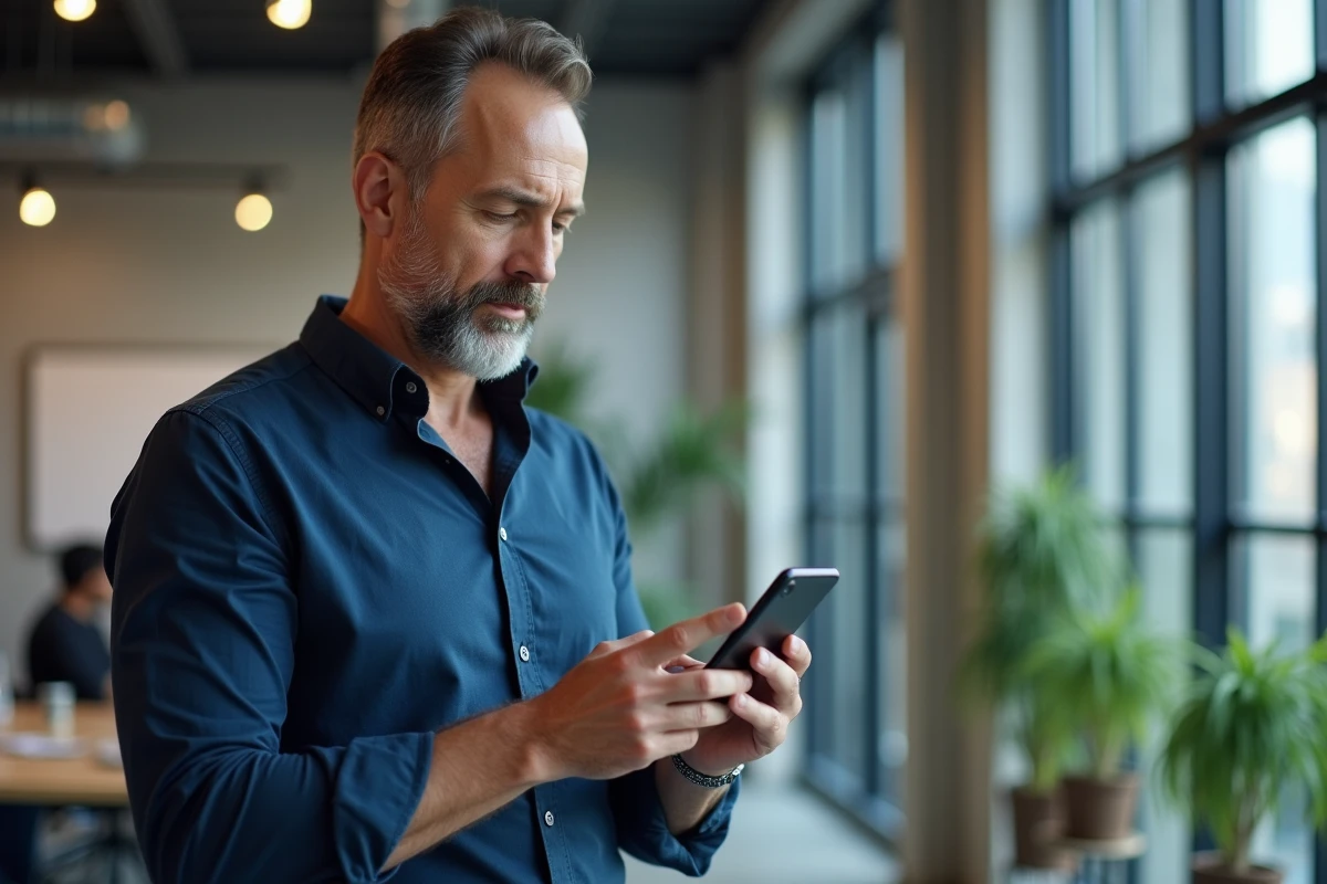 Homme en bureau professionnel consultant l'indicatif international 39 pour appeler l'Italie sur son smartphone