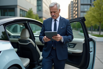 Ingénieur homme en costume devant voiture électrique futuriste