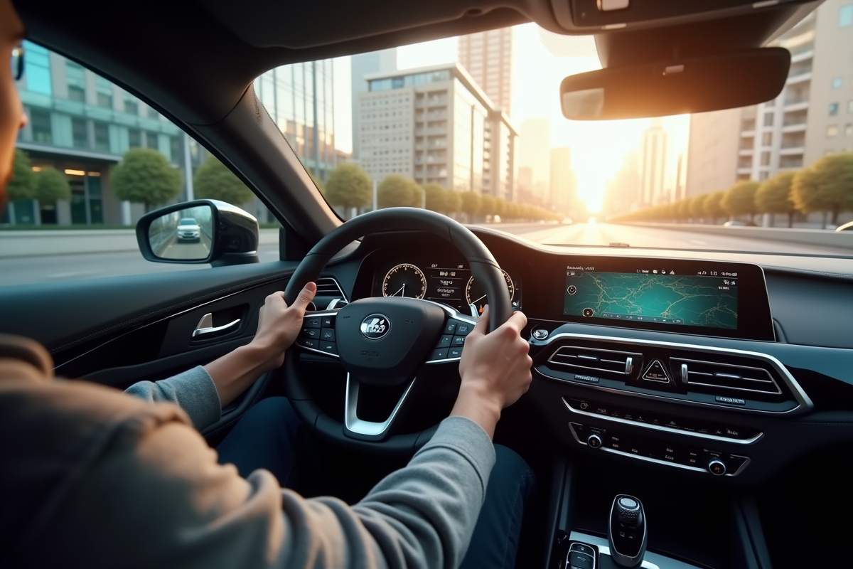 Intérieur moderne d'une voiture avec interface autopilote