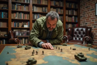 Homme adulte étudiant un jeu de stratégie historique sur la Seconde Guerre mondiale avec carte militaire vintage et pions miniatures