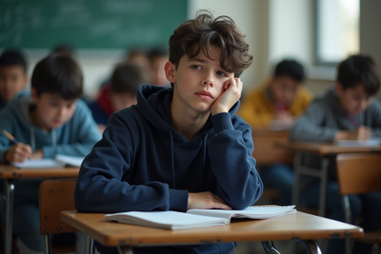 Adolescent seul en classe avec expression pensive