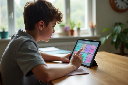 Jeune adulte utilisant une tablette pour étudier des flashcards