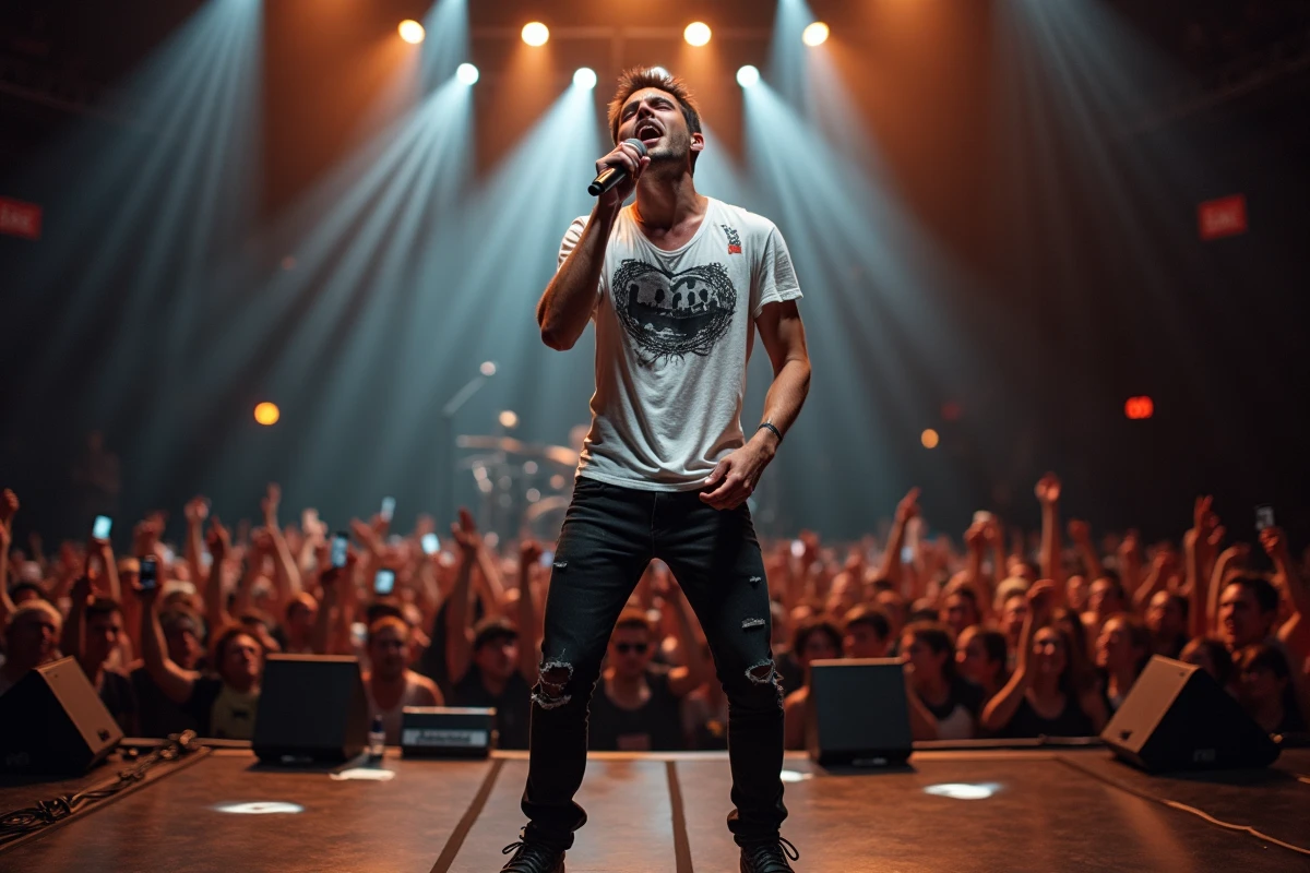 Jeune chanteur de rock américain moderne sur scène tenant un micro devant une foule en concert
