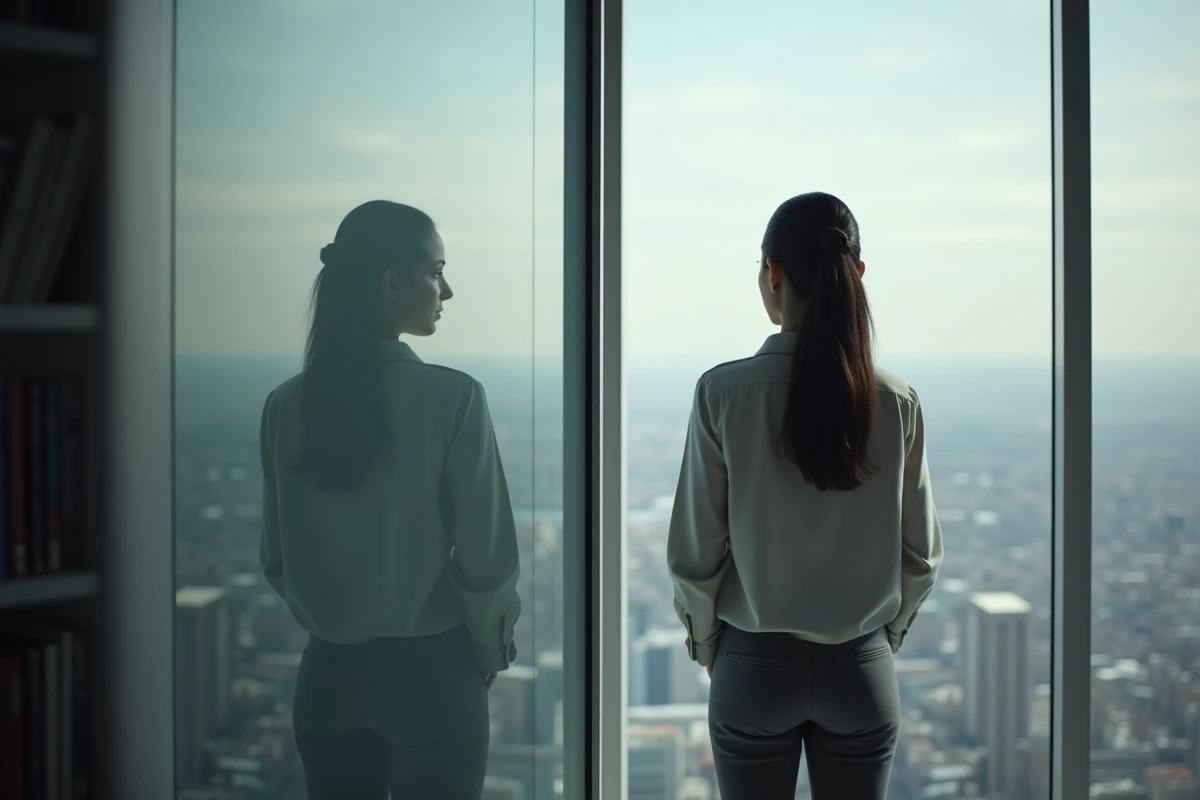 Jeune femme regardant par la fenêtre dans un bureau moderne