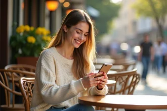 Jeune femme souriante au café en plein air