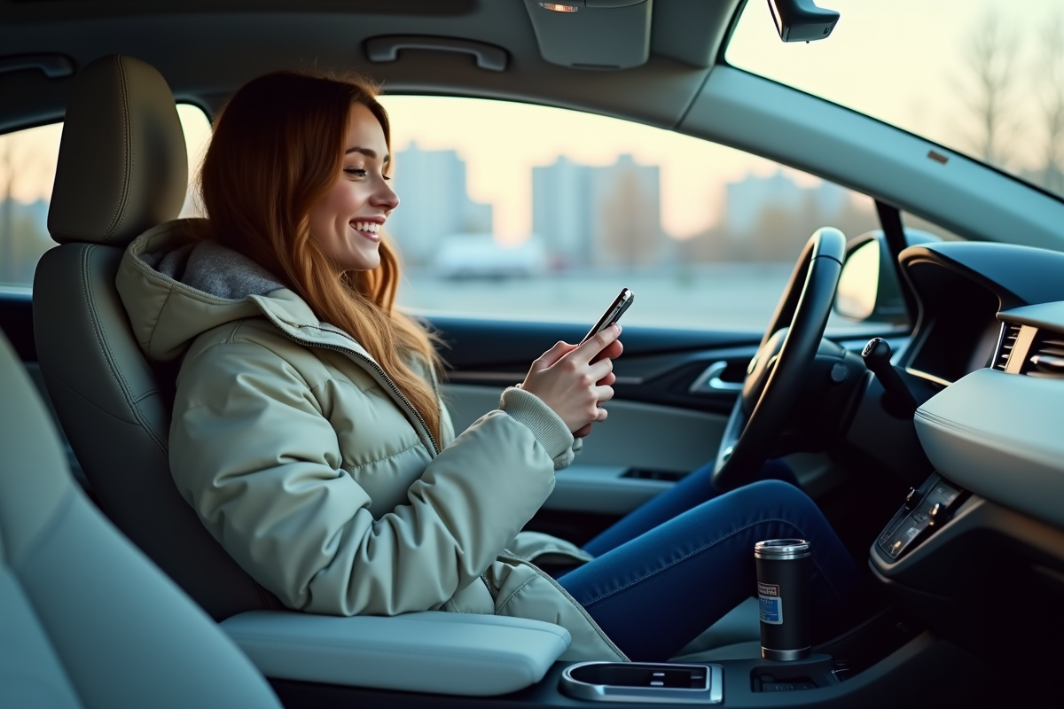 Jeune femme souriante dans une voiture hybride au chargeur