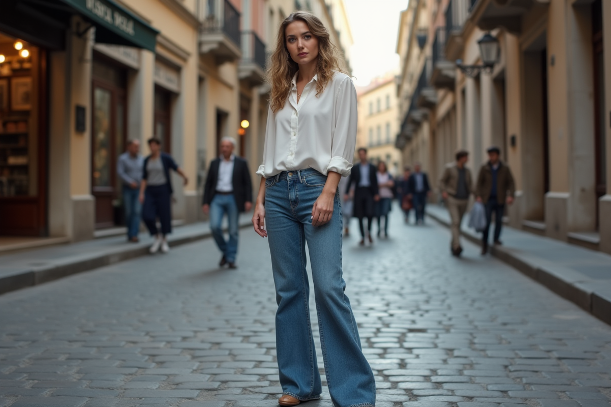 Jeune femme en jeans dans une rue historique de Gênes