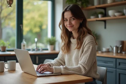 Jeune femme en sweater travaillant sur son ordinateur à la maison