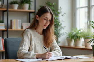 Jeune femme prenant des notes dans un bureau lumineux