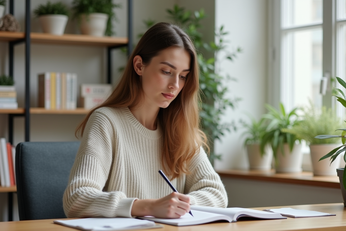Jeune femme prenant des notes dans un bureau lumineux