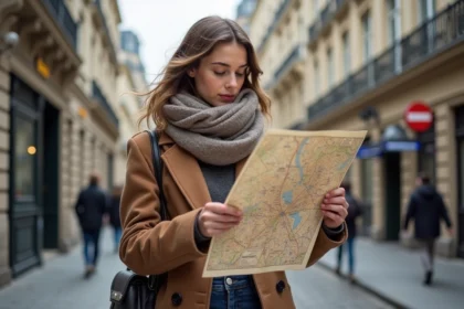 Jeune femme regardant une carte de Paris sur le trottoir