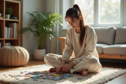 Jeune femme en loungewear assemble un puzzle coloré dans un salon cosy