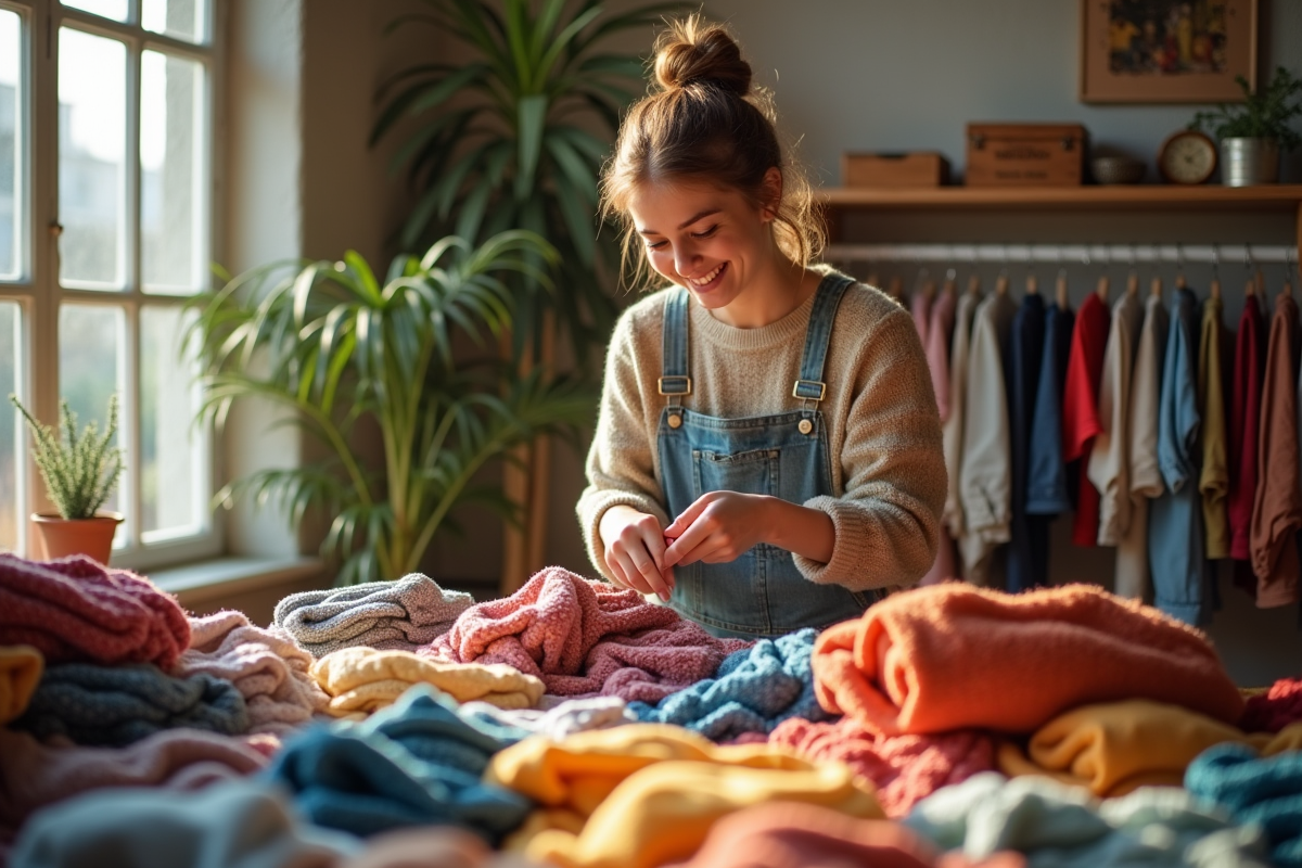 Jeune femme triant des vêtements vintage dans une boutique lumineuse